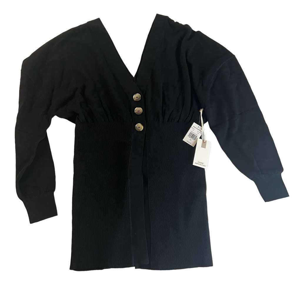 Good American Waisted Cardigan Women’s Size 1/2 Ribbed Knit Black Sweater, NWT.